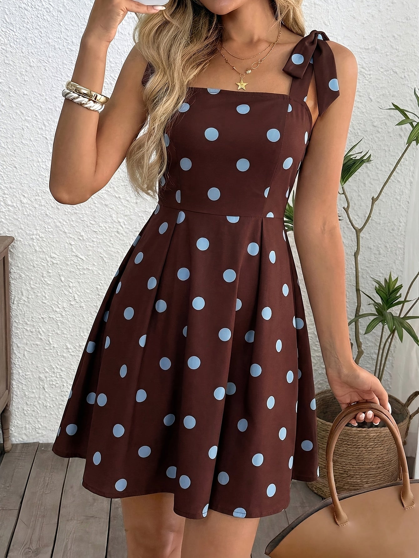 Women's Polka Dot Tie-Shoulder Fit & Flare Mini Dress