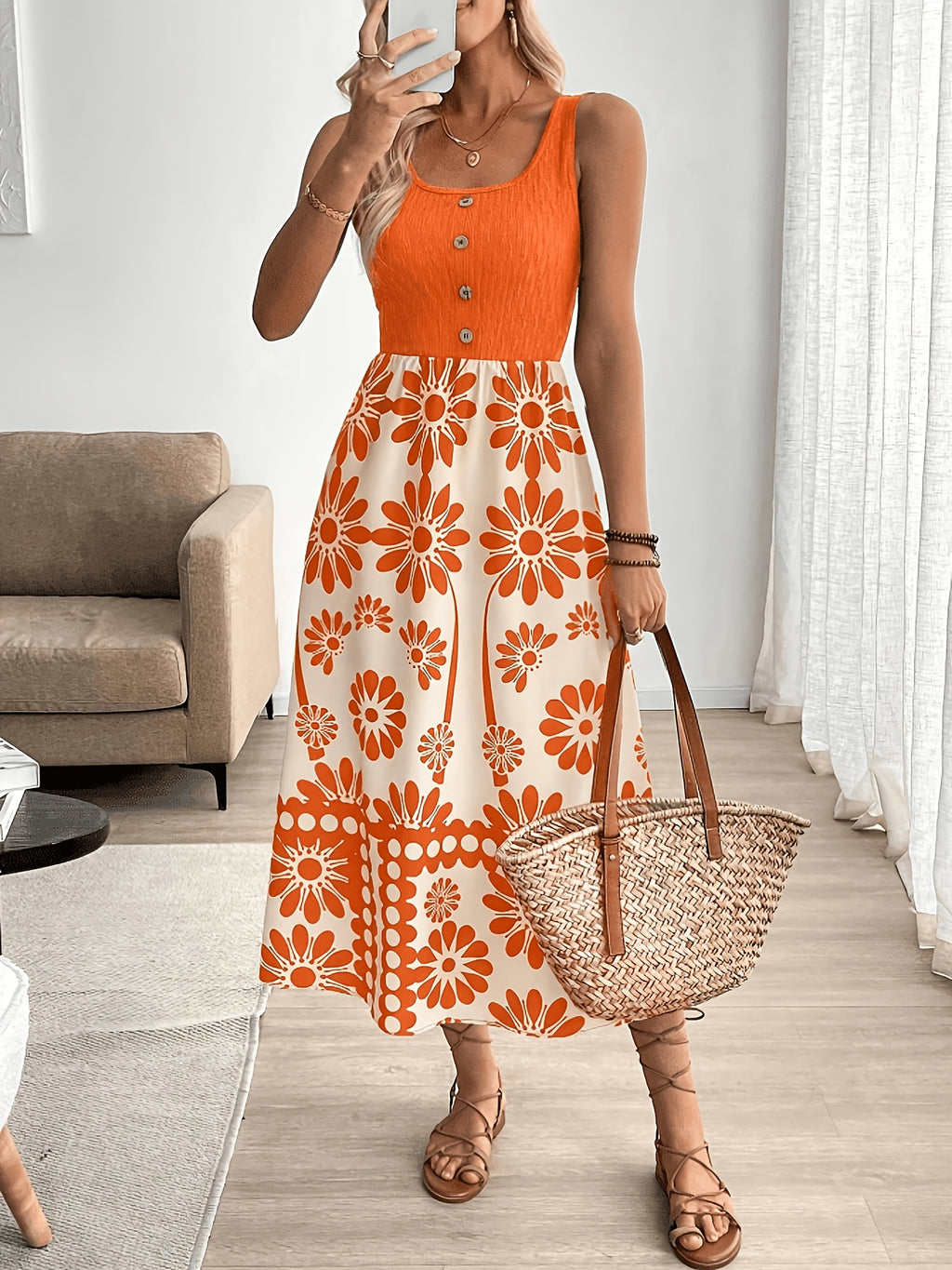 Women’s Retro Floral Midi Dress with Sleeveless Flowing Design