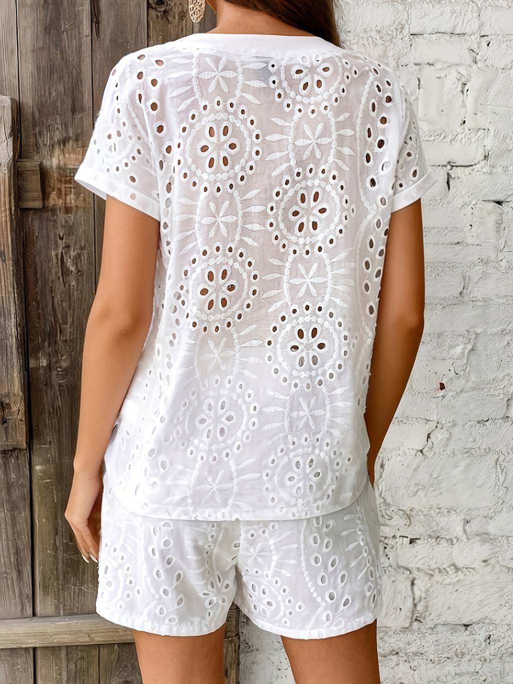 Women’s Broderie Anglaise Playsuit with V-Neck and Flowing Fit