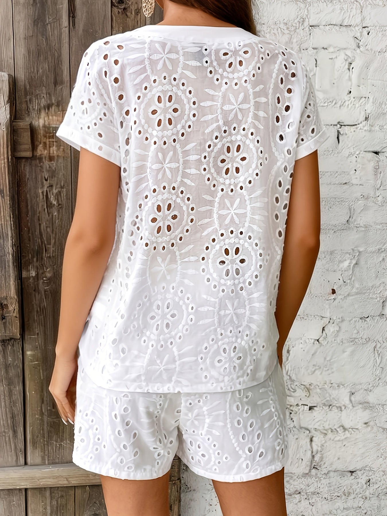 Women’s Broderie Anglaise Playsuit with V-Neck and Flowing Fit