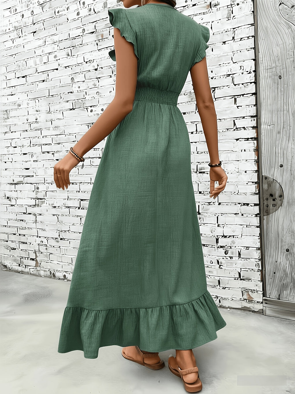 Women's Ruffle Sleeve V-Neck Smocked Waist Maxi Dress