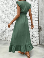 Women's Ruffle Sleeve V-Neck Smocked Waist Maxi Dress