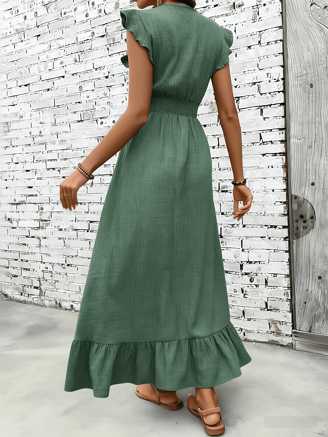Women's Ruffle Sleeve V-Neck Smocked Waist Maxi Dress