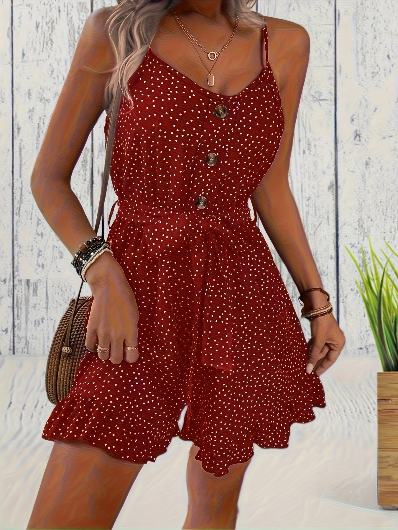 Women's Polka Dot Romper with Button Front and Adjustable Waist Tie
