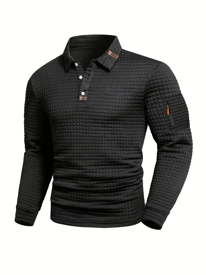 Polo à manches longues texturé pour homme avec fermeture à boutons quart de zip
