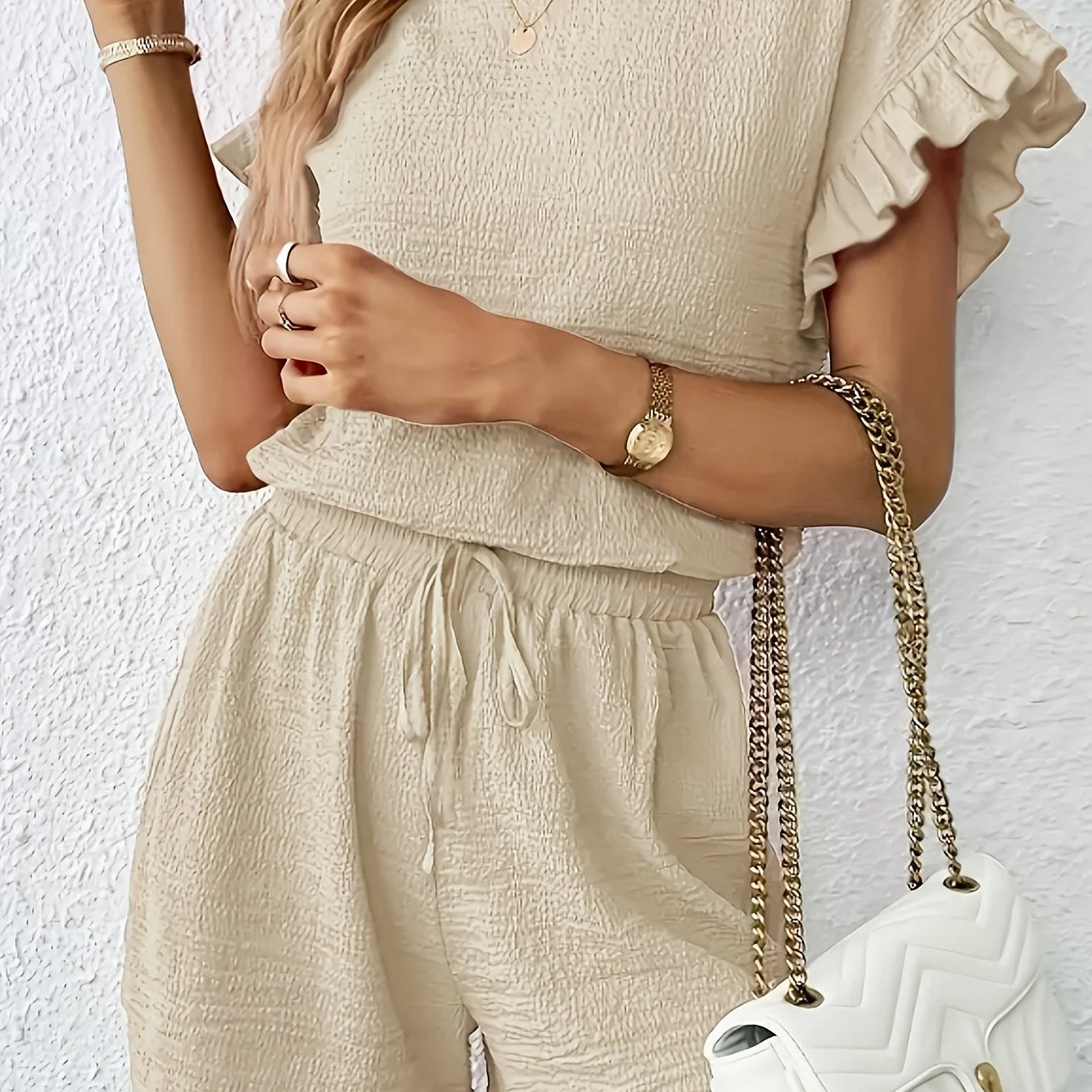 Women's Textured Ruffle Sleeve Top and Drawstring Shorts Set