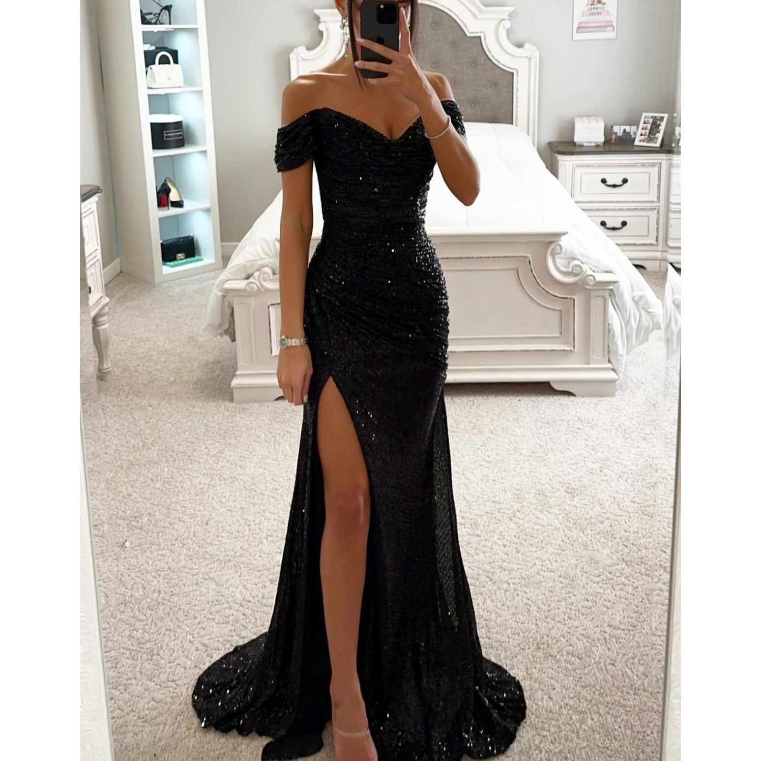 Women's Sequin Evening Gown with Off-Shoulder Neckline and Draped Silhouette