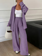 Women's Relaxed Button-Up Shirt and Wide Leg Pants Two-Piece Set