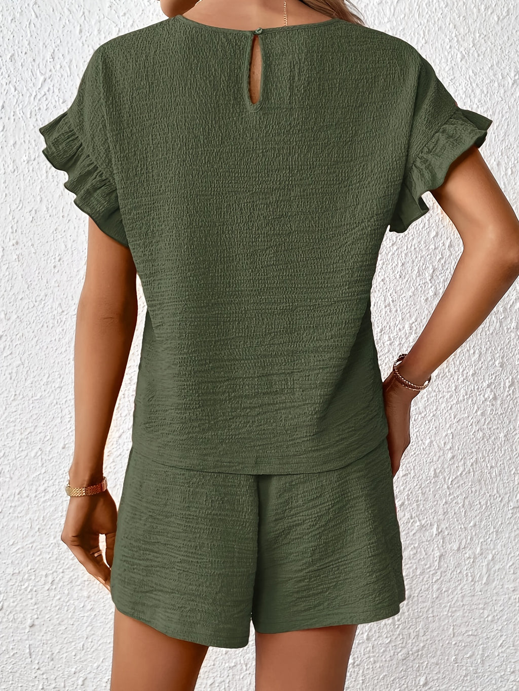 Women's Textured Ruffle Sleeve Top and Drawstring Shorts Set