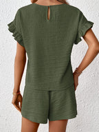 Women's Textured Ruffle Sleeve Top and Drawstring Shorts Set