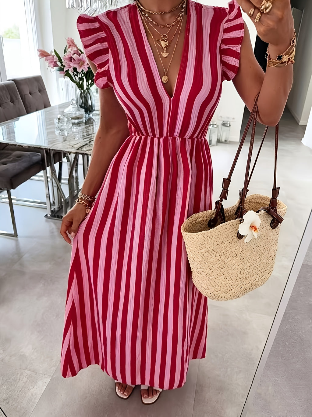 Women's Striped V-Neck Flutter Sleeve Maxi Dress