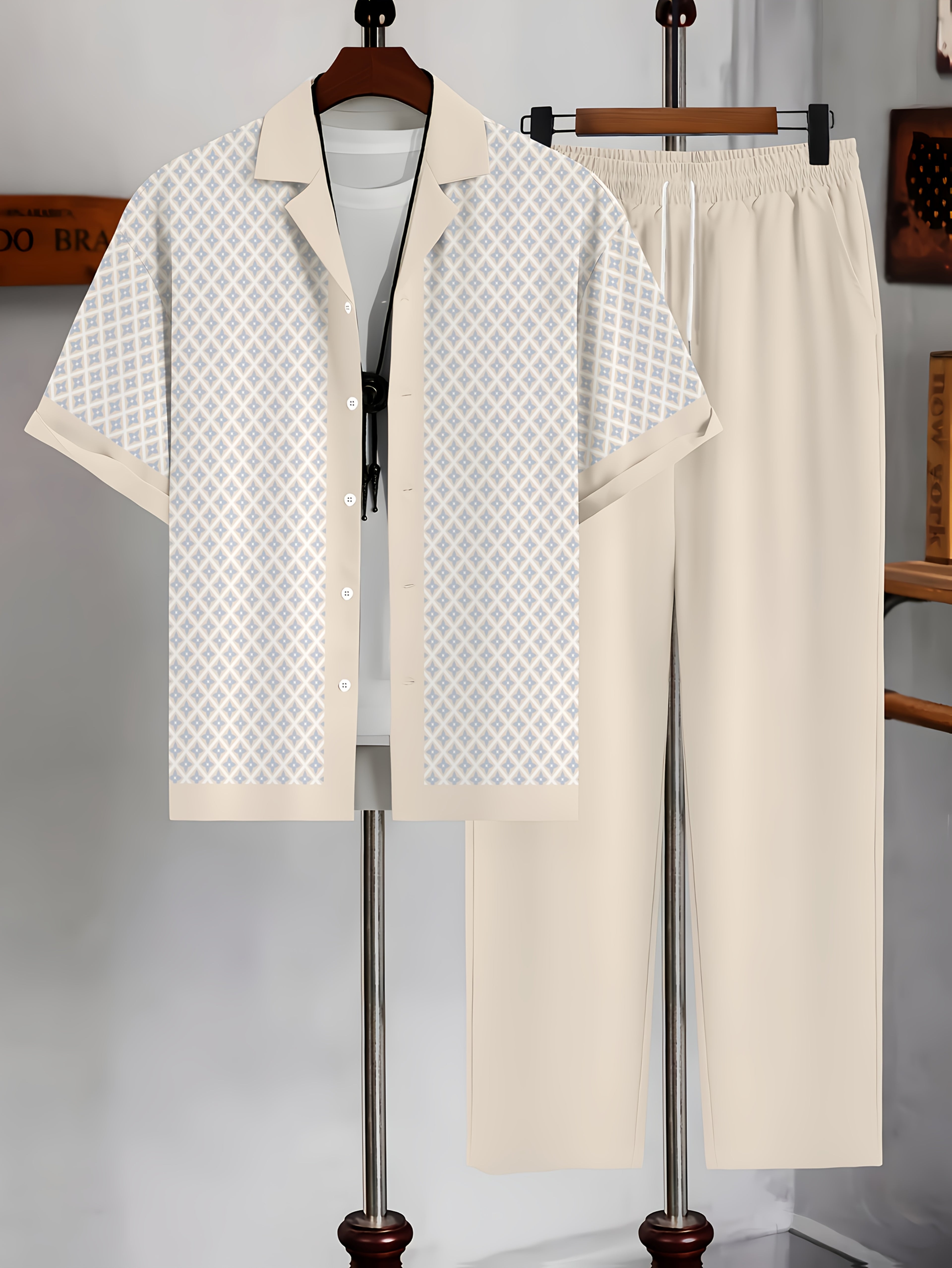 Men's Geometric Button-Up Shirt & Trousers Set