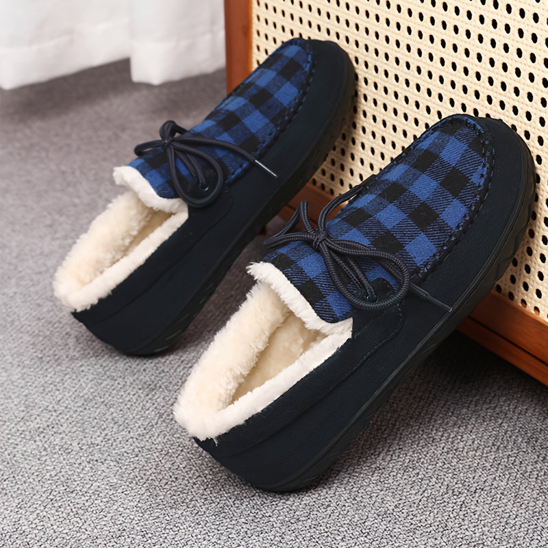 Mocassins à carreaux pour femmes, doublés en sherpa