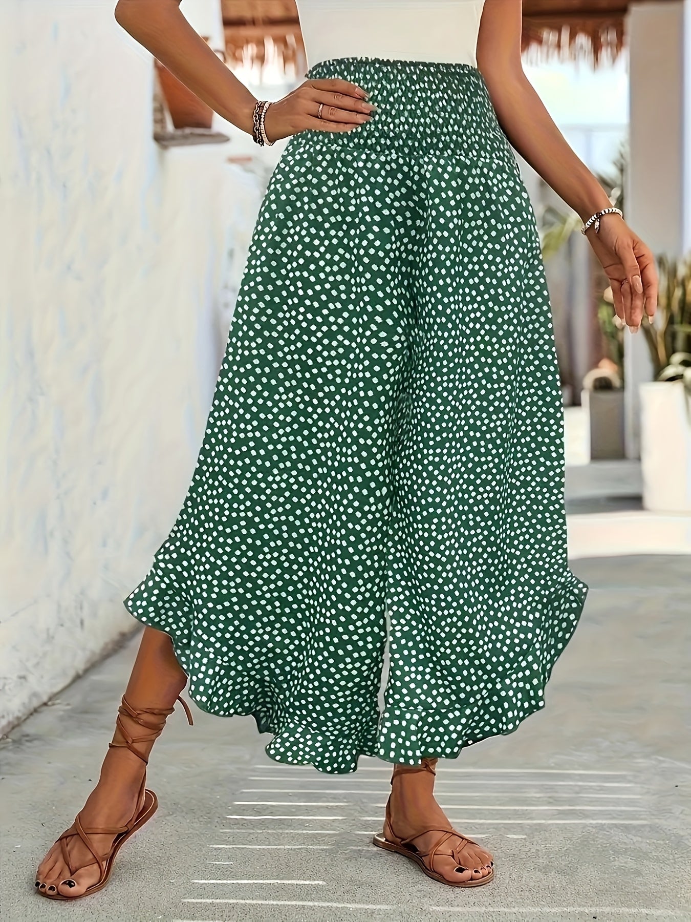 Women's Smocked Waist Wide Leg Trousers