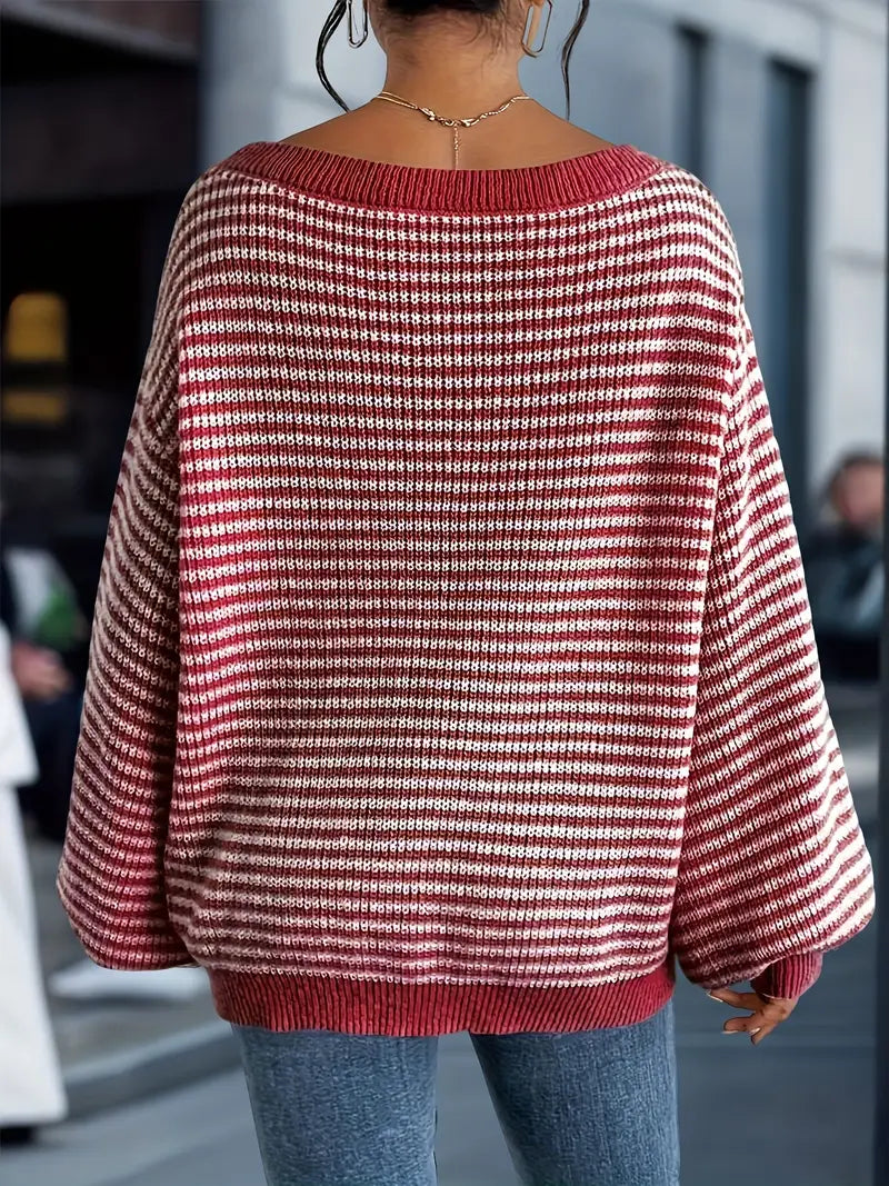 Women's Striped Boat Neck Sweater with Relaxed Fit