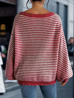 Women's Striped Boat Neck Sweater with Relaxed Fit
