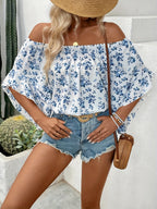 Women's Blue Floral Off-Shoulder Smocked Blouse