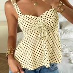 Women's Polka Dot Camisole Top with Drawstring Front and Pleated Detail