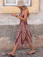 Women's One-Shoulder Midi Dress with Cut-Out Waist and Geometric Print
