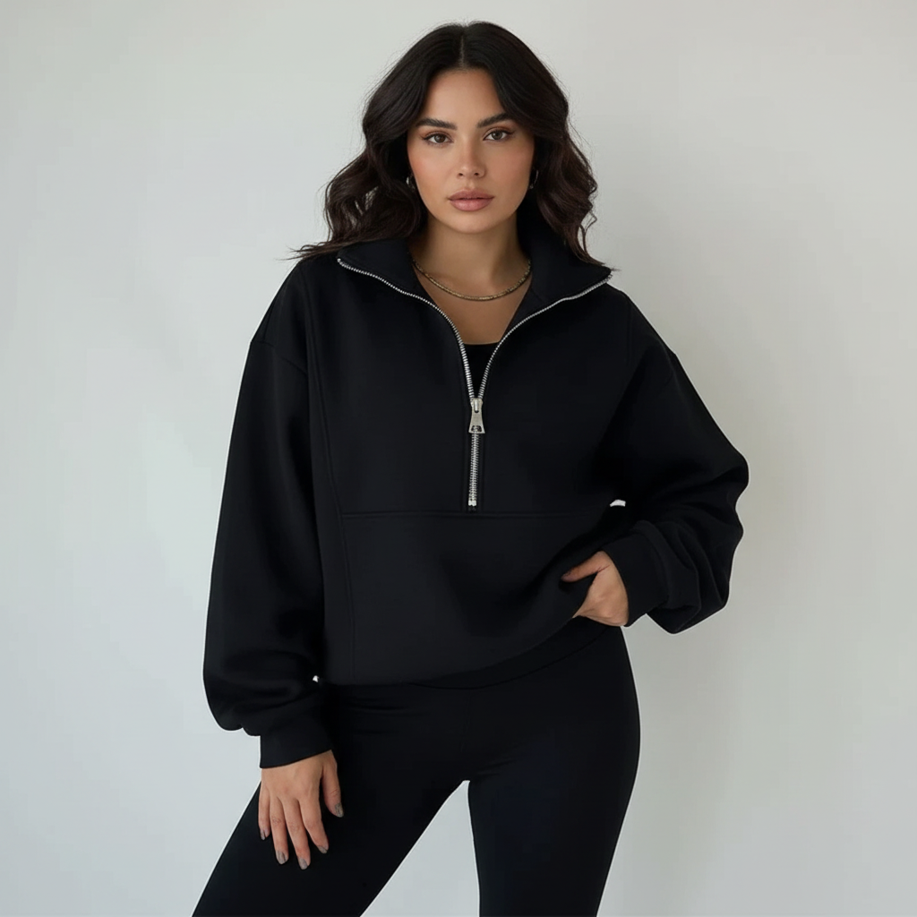 Sweat-shirt pour femme à col montant et fermeture zippée un quart