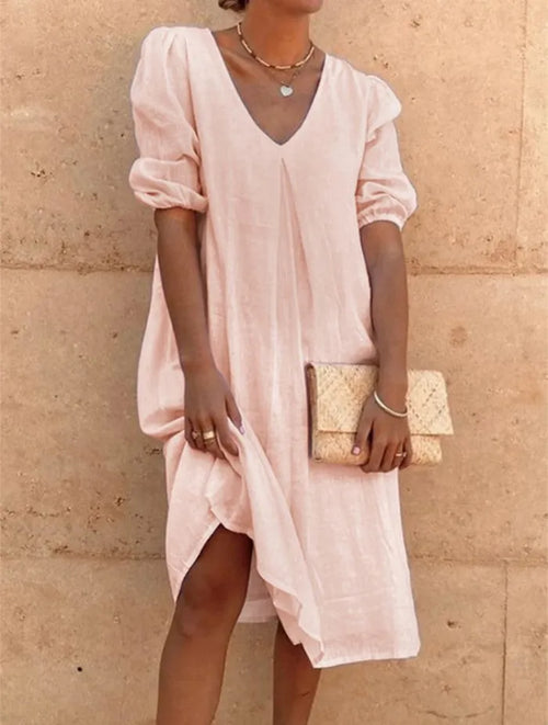 Agate – Robe d'été droite pour femme en lin avec col en V et fraîcheur élégante