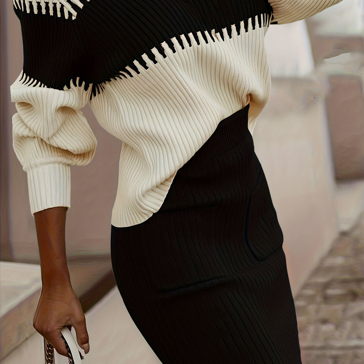 Ensemble pull en maille côtelée et jupe midi pour femme