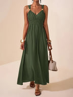 Women's Sleeveless Maxi Dress with V-Neck and Beaded Strap Details