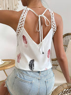 Women’s Feather Print Halter Top with Crochet Strap Detailing