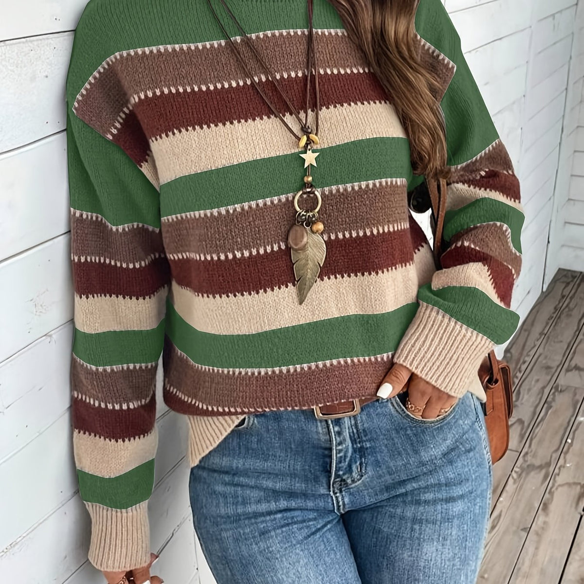 Pull à col rond rayé à empiècements colorés pour femme
