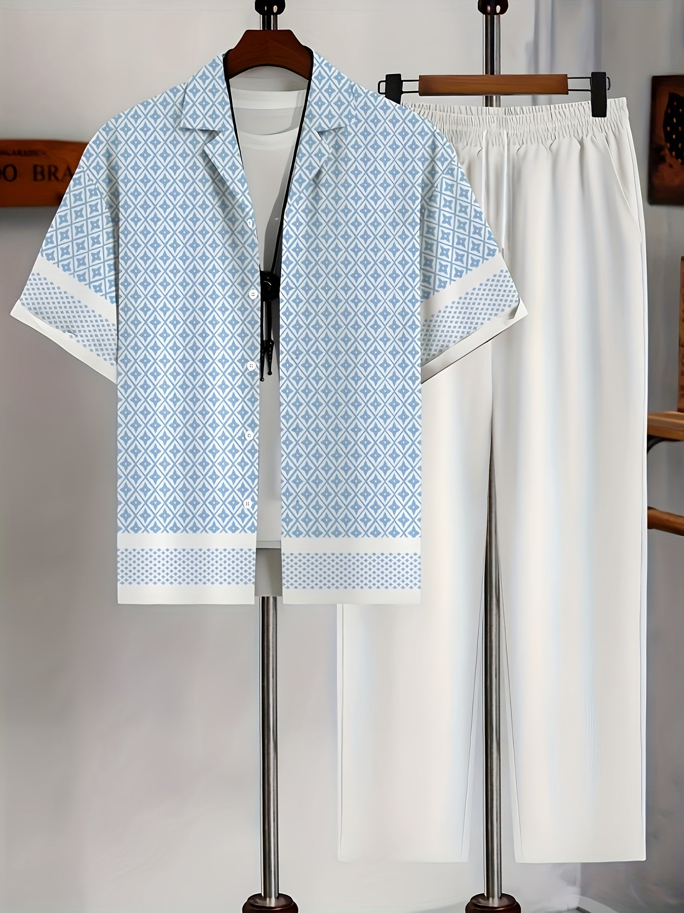Men's Geometric Button-Up Shirt & Trousers Set