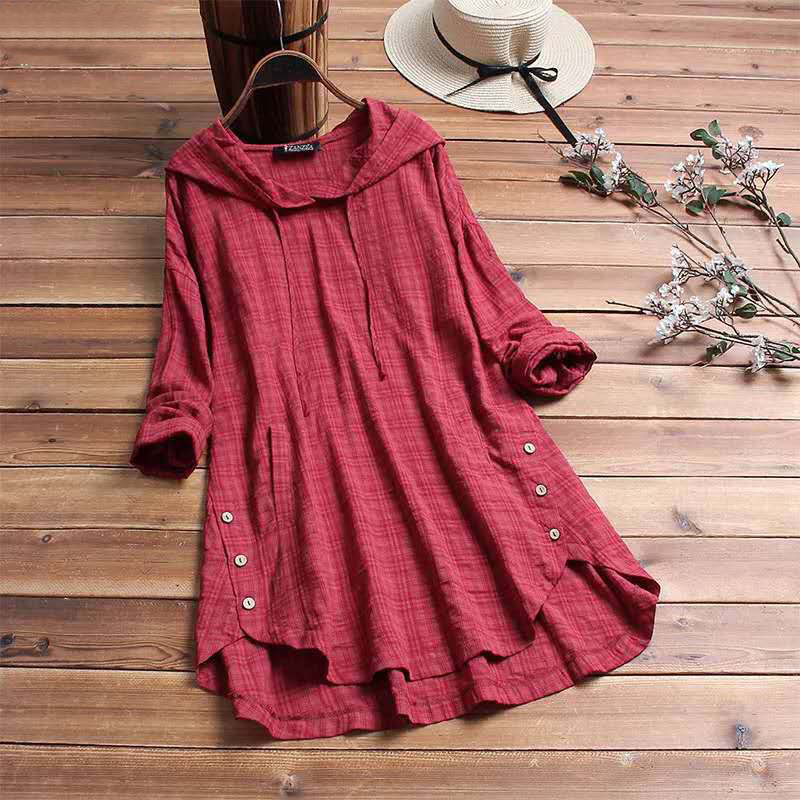 Blouse tunique à manches longues avec capuche et boutons pour femme
