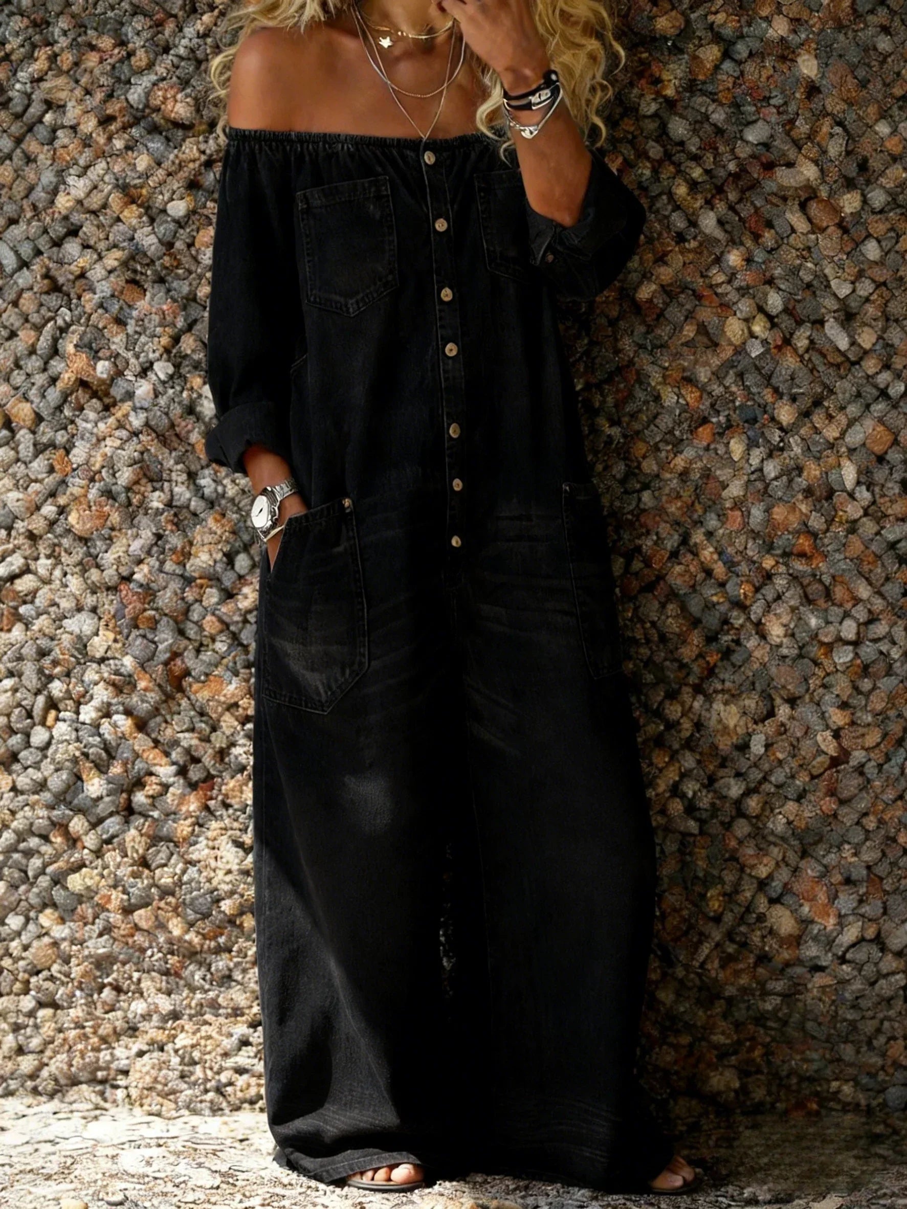 Women's Off-Shoulder Denim Wide-Leg Jumpsuit