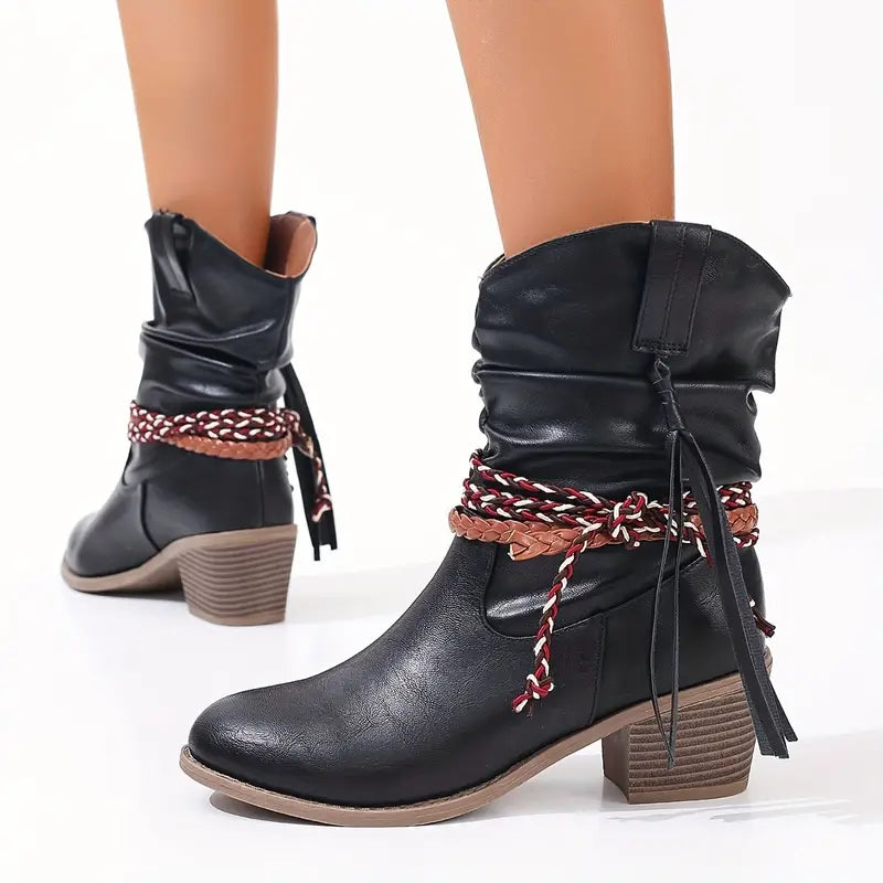 Bottes montantes tressées pour femmes, à hauteur du mollet, style enveloppant