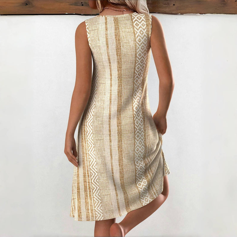 Women's Sleeveless Linen Blend Dress with Geometric Striped Pattern
