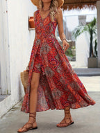 Women’s Bohemian Paisley Midi Dress with Flowing Split Design