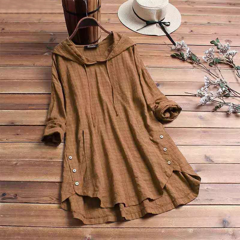 Blouse tunique à manches longues avec capuche et boutons pour femme