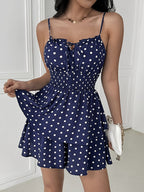 Women’s Polka Dot Playsuit with Shirred Waist and Frill Detailing
