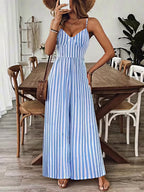 Women's Striped Wide-Leg Jumpsuit with Bow Back and V-Neck