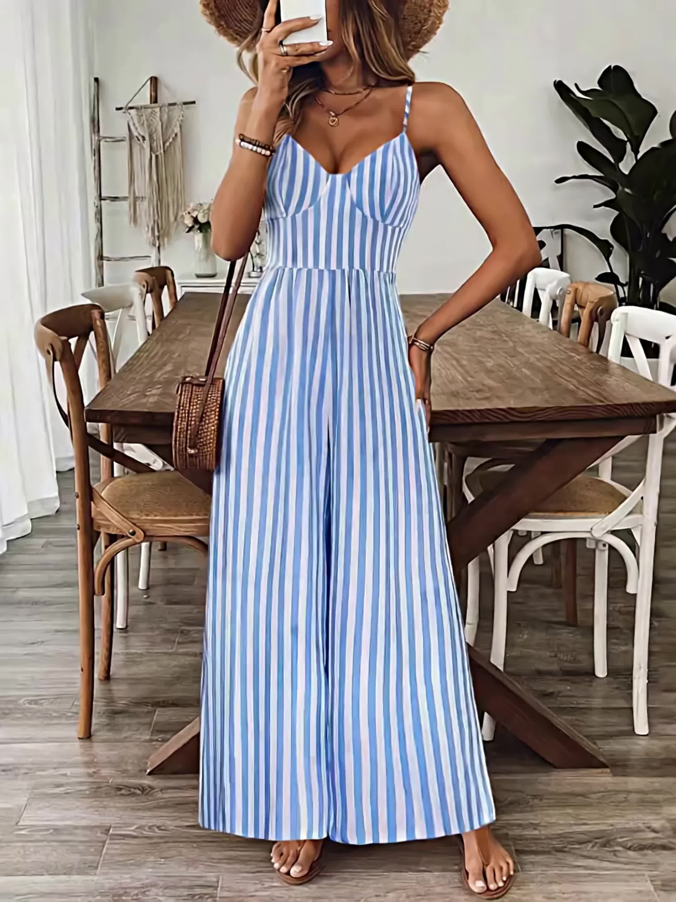 Women's Striped Wide-Leg Jumpsuit with Bow Back and V-Neck