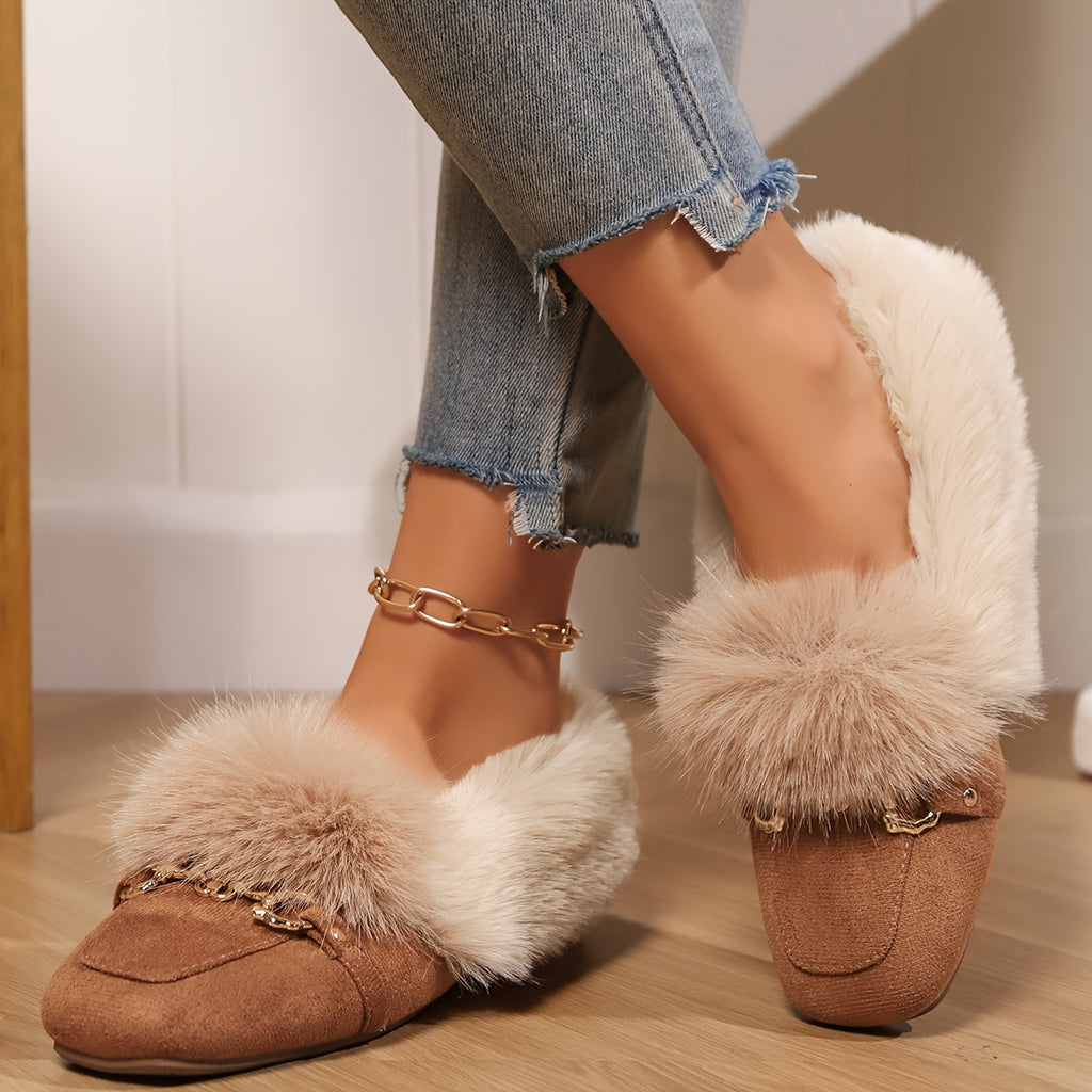 Mules chaussons pour femme bordés de fausse fourrure