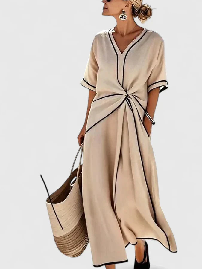 Women's Maxi Dress with Draped Waist Detail and Contrast Trim
