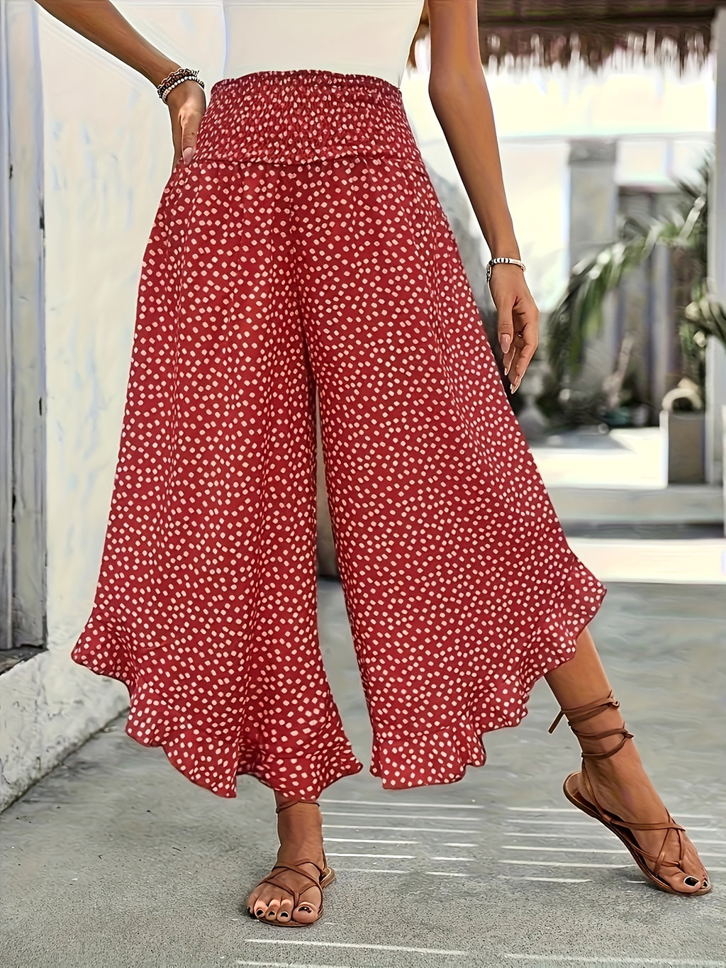 Women's Smocked Waist Wide Leg Trousers