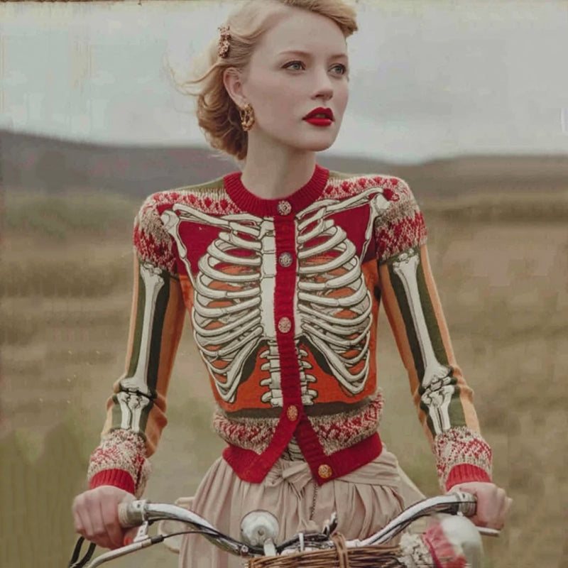 Damecardigan med skeletprint, knapper og rund hals