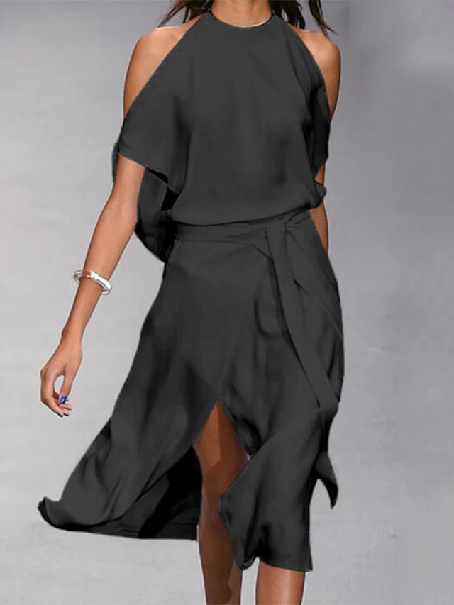 Women's Halter Neck Dress with Asymmetric Hem and Flowing Fit for Elegant Occasions