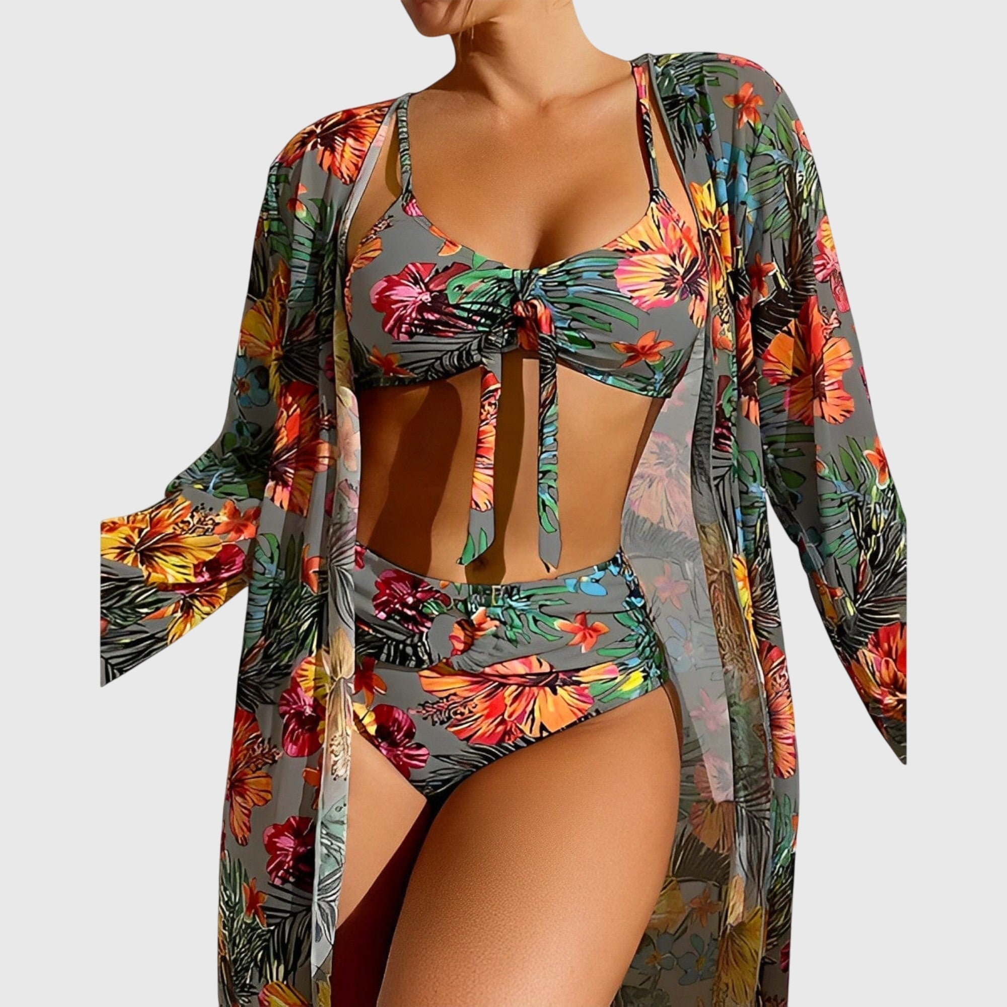 Ensemble bikini trois pièces tropical à fleurs pour femme avec paréo transparent  