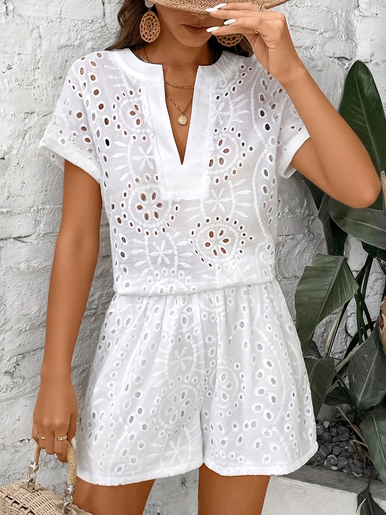 Women’s Broderie Anglaise Playsuit with V-Neck and Flowing Fit