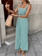 Women's Plaid Wide-Leg Jumpsuit with Shirred Bodice and Frill Detail