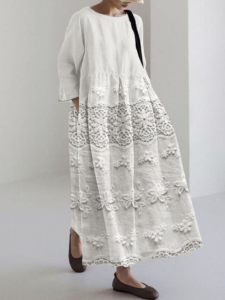 Women's Embroidered Floral Lace Maxi Dress with Relaxed Vintage Silhouette