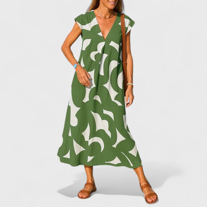 Women’s Abstract Print V-Neck Maxi Dress