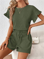 Women's Textured Ruffle Sleeve Top and Drawstring Shorts Set